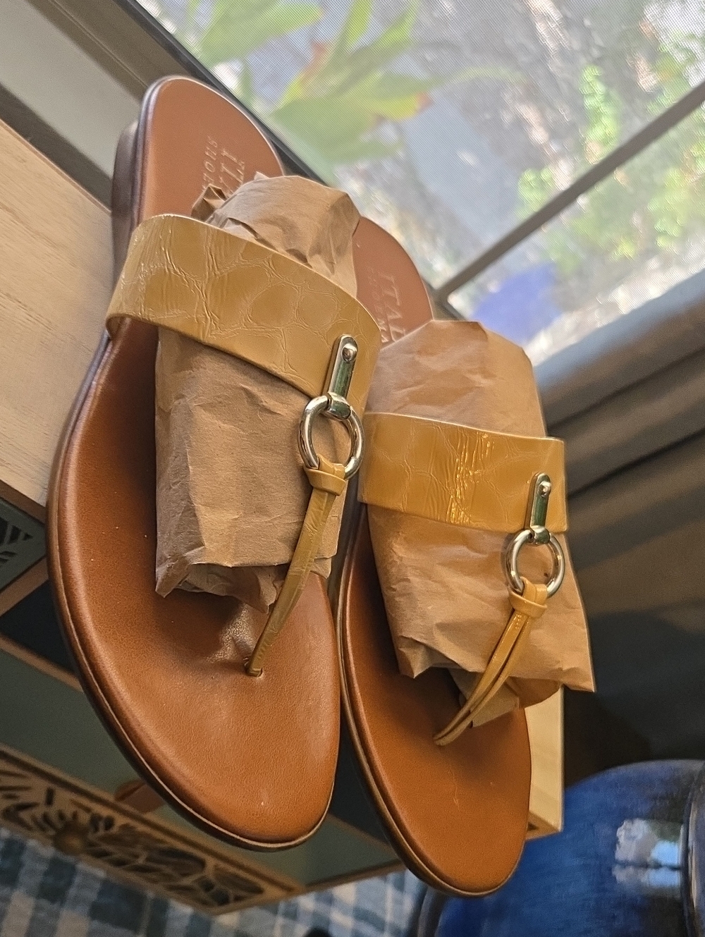 Italian Shoemakers Tan Leather Slide Sandal with Cream Tan Strap